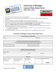 Document preview: University of Michigan License Plate Order Form - Michigan