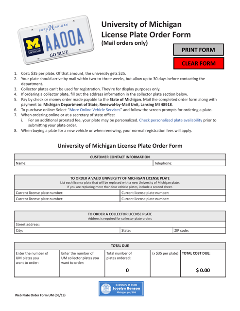 University of Michigan License Plate Order Form - Michigan Download Pdf