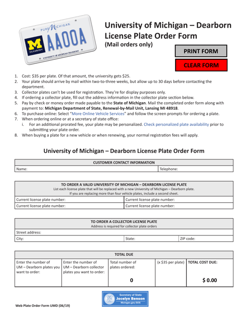 University of Michigan - Dearborn License Plate Order Form - Michigan Download Pdf