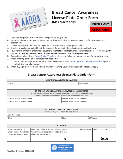 Breast Cancer Awareness License Plate Order Form - Michigan Download Pdf