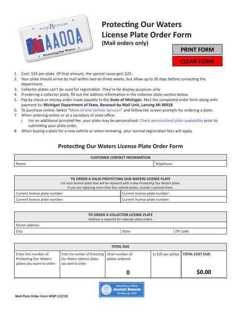 Protecting Our Waters License Plate Order Form - Michigan Download Pdf