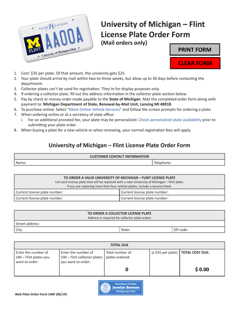 University of Michigan - Flint License Plate Order Form - Michigan Download Pdf