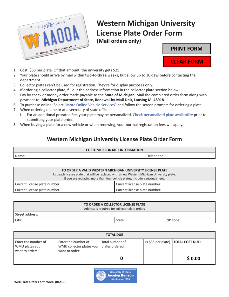 Western Michigan University License Plate Order Form - Michigan, Page 1