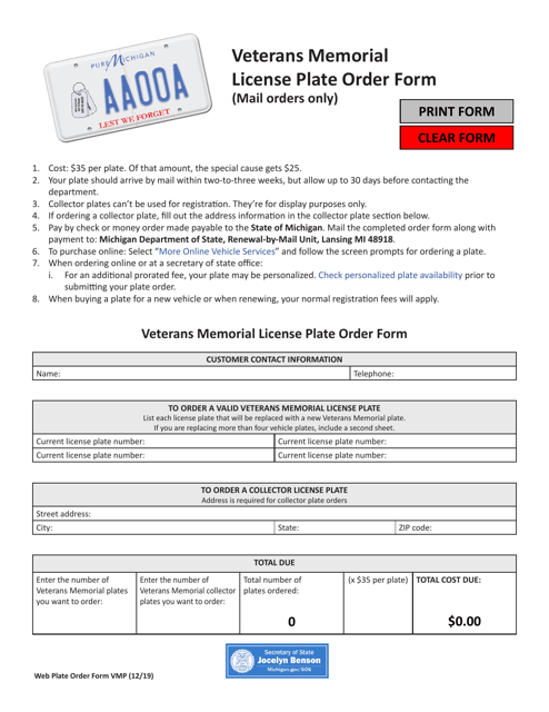 Veterans Memorial License Plate Order Form - Michigan Download Pdf