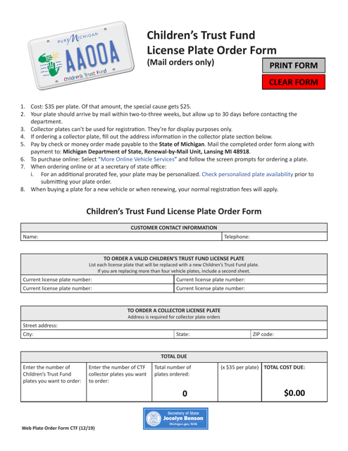 Children's Trust Fund License Plate Order Form - Michigan Download Pdf
