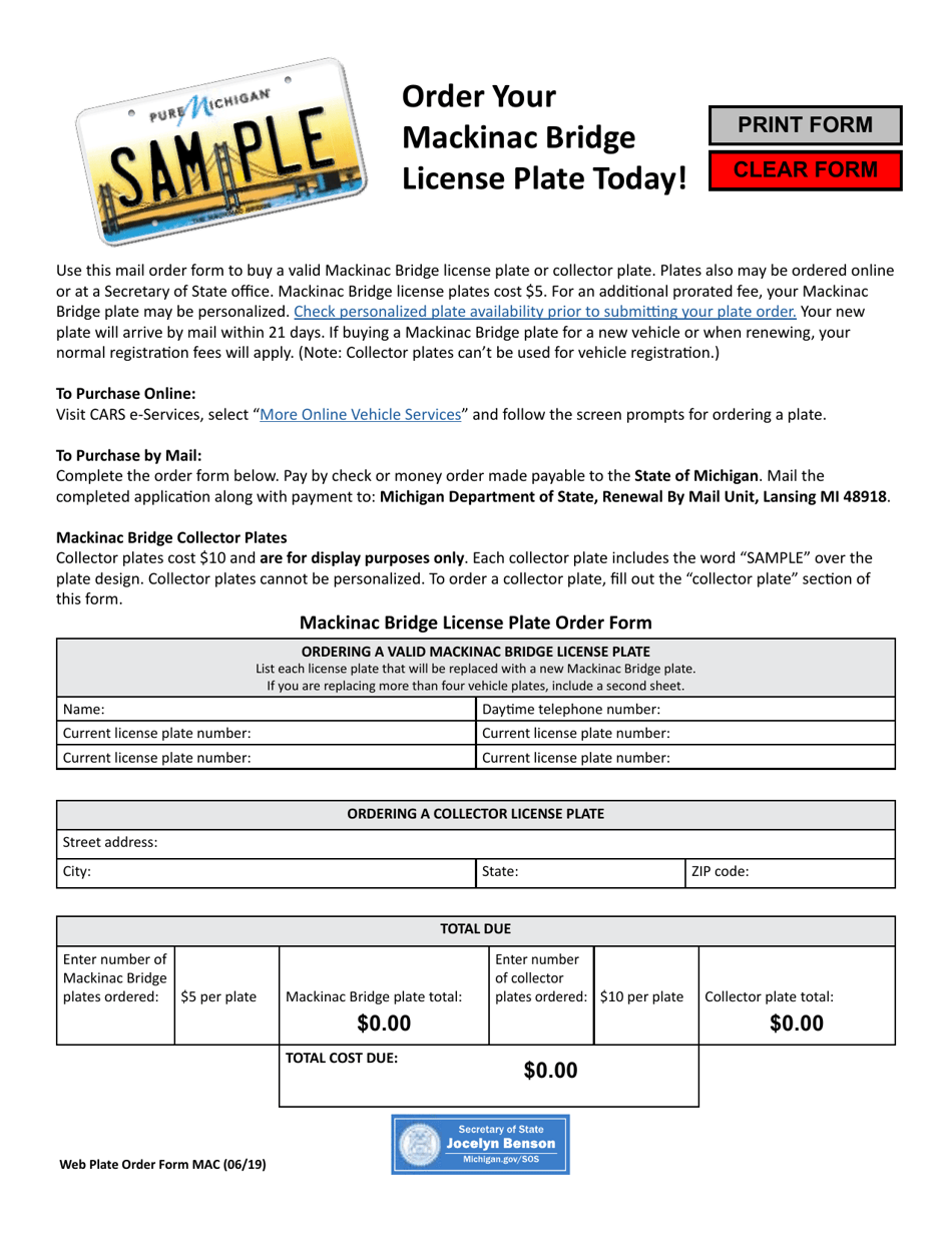Mackinac Bridge Plate Order Form - Michigan, Page 1