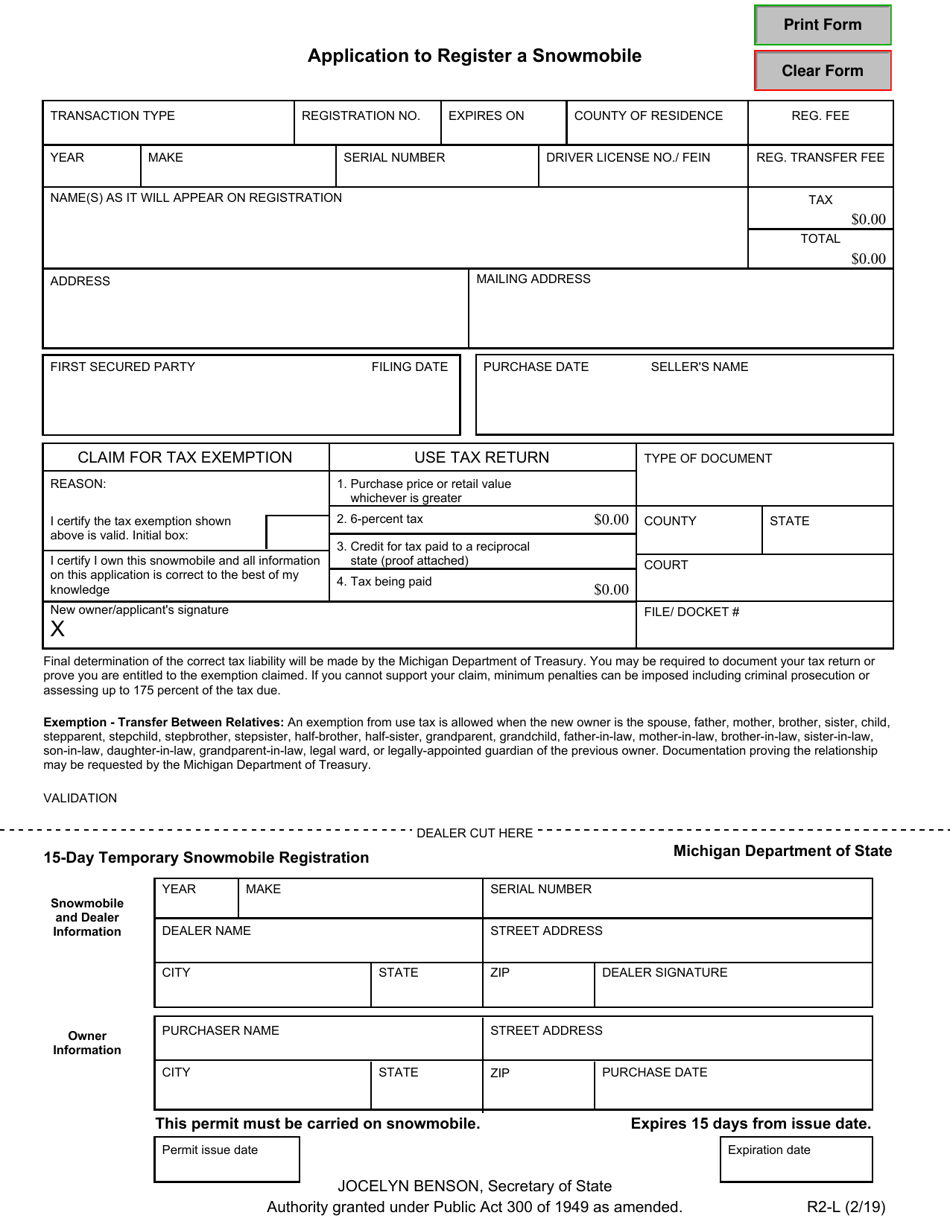 Form R2-L Application to Register a Snowmobile - Michigan, Page 1