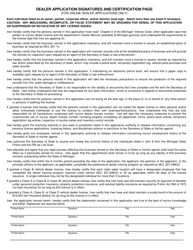 Document preview: Dealer Application Signatures and Certification Page - Michigan
