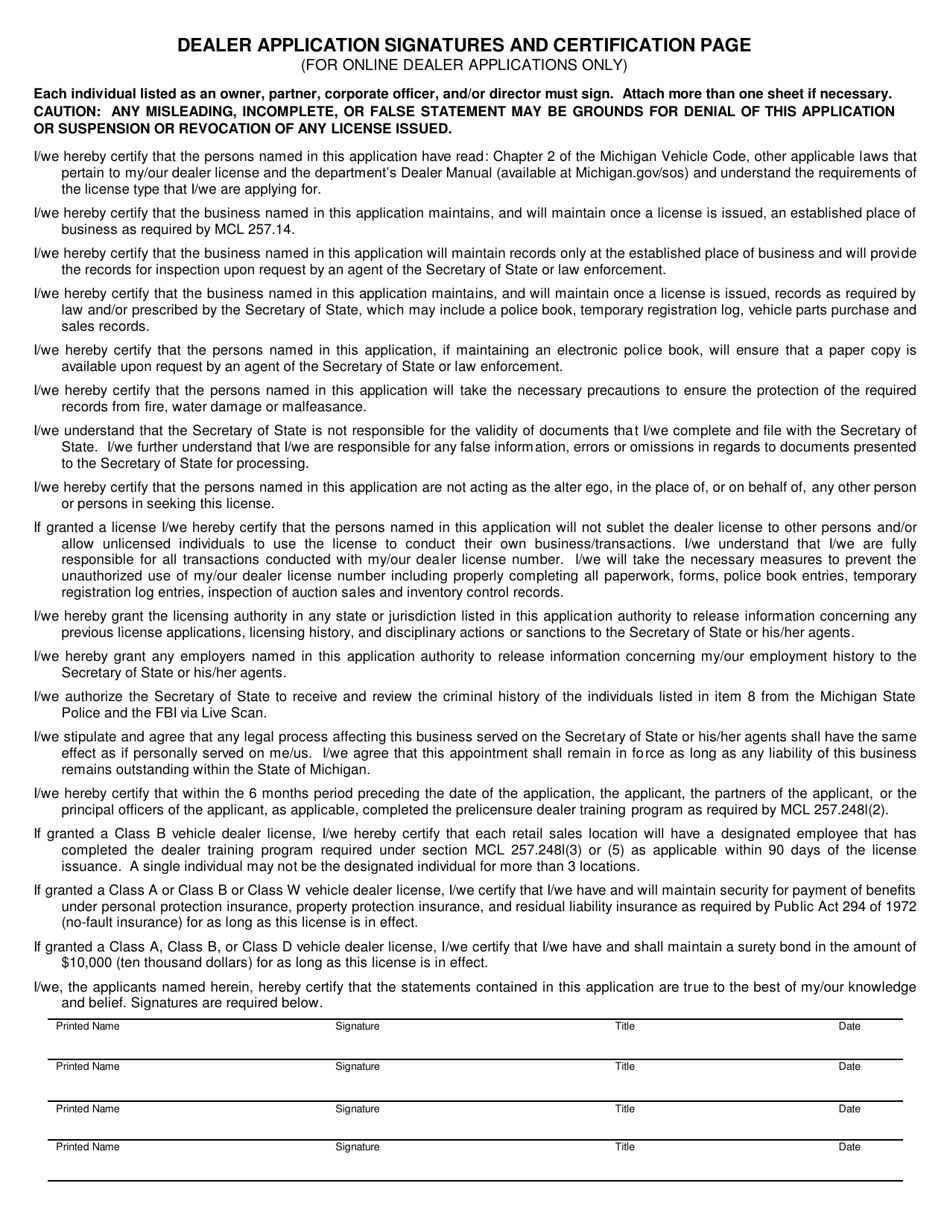 Michigan Dealer Application Signatures and Certification Page Download