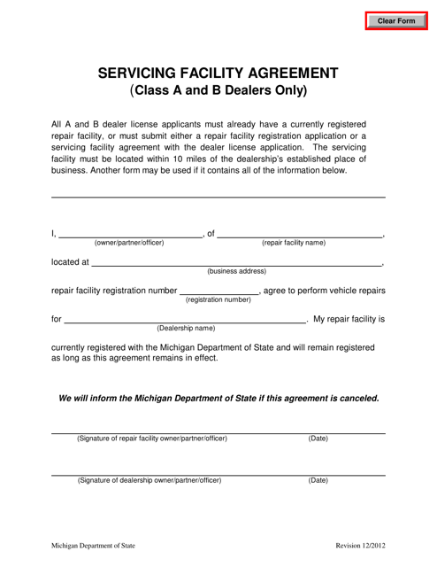 Servicing Facility Agreement (Class a and B Dealers Only) - Michigan Download Pdf
