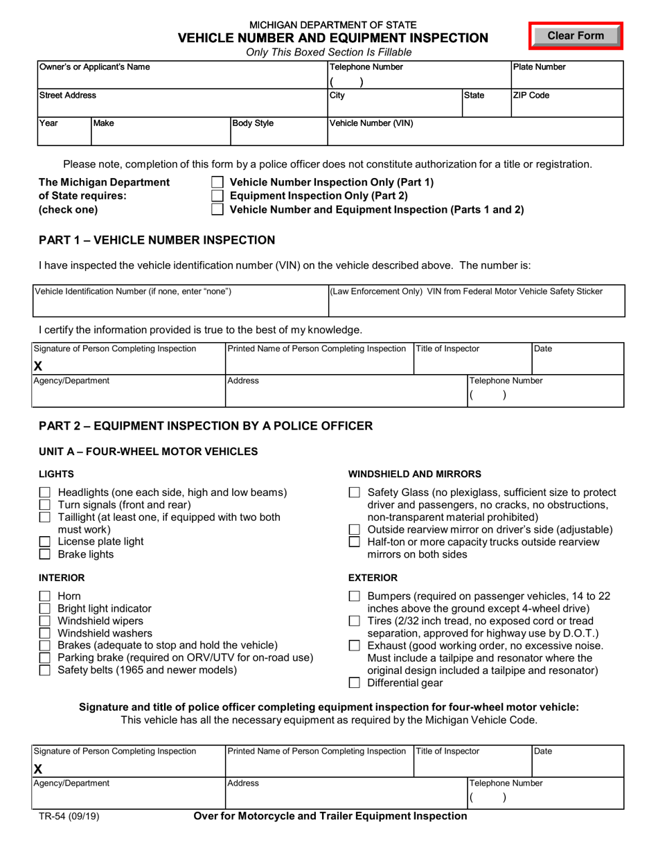 Form TR-54 Vehicle Number and Equipment Inspection - Michigan