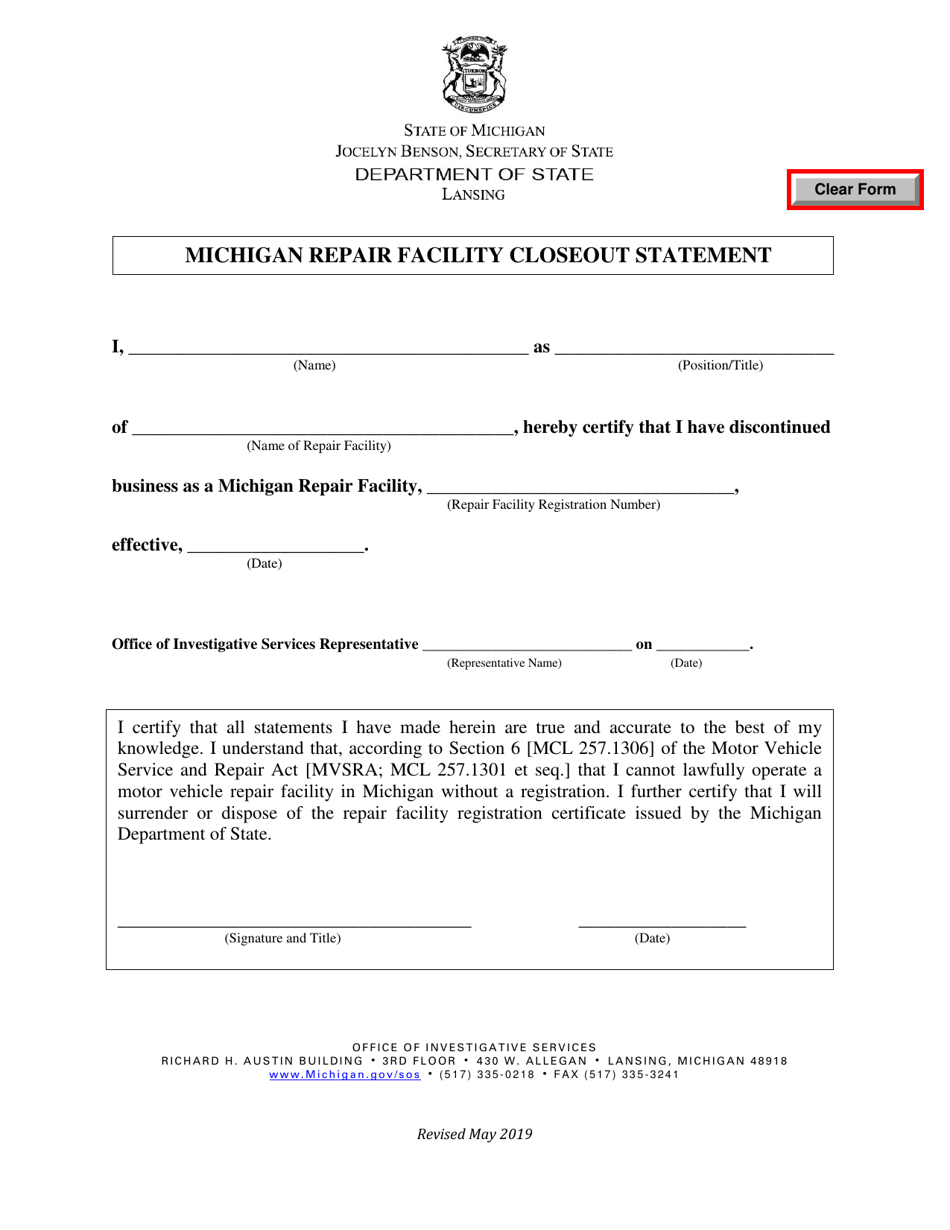 Michigan Michigan Repair Facility Closeout Statement - Fill Out, Sign ...
