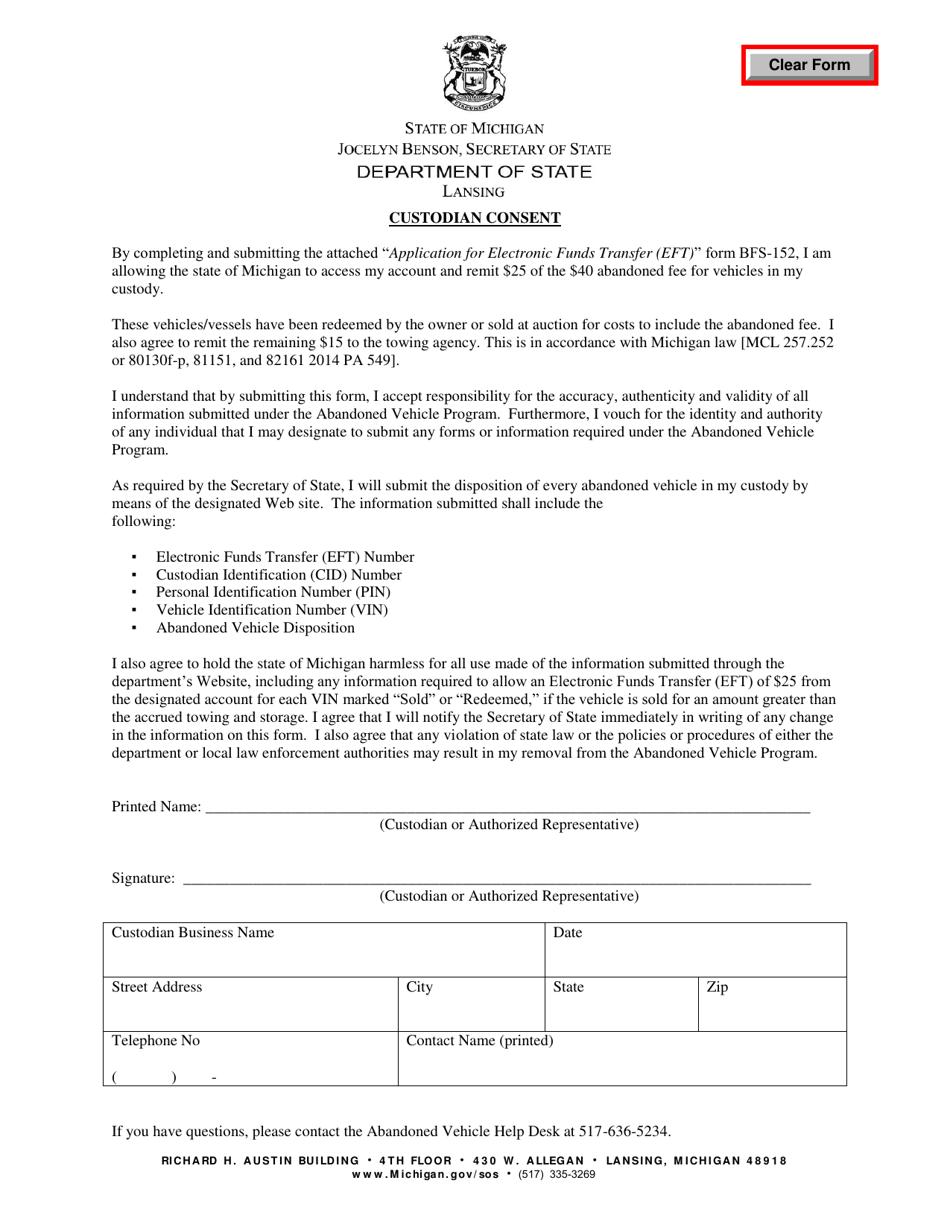 Michigan Custodian Consent Fill Out, Sign Online and Download PDF