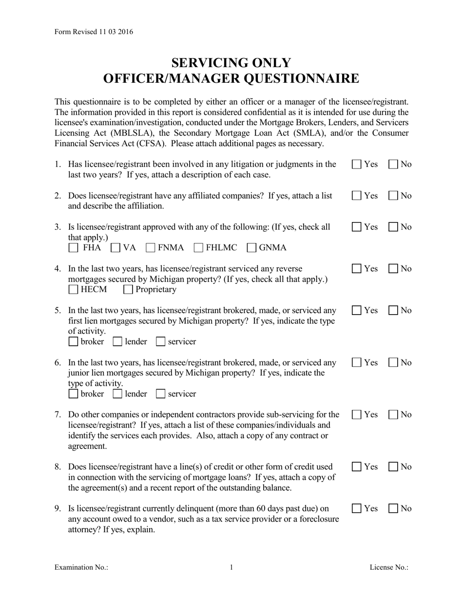 Servicing Only Officer / Manager Questionnaire - Michigan, Page 1