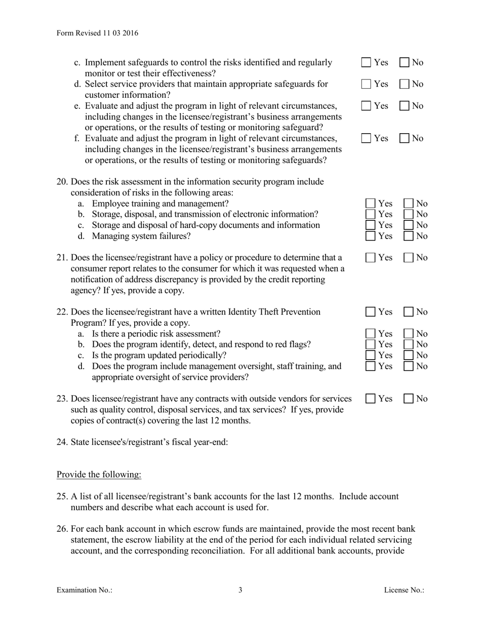 Servicing Only Officer / Manager Questionnaire - Michigan, Page 3