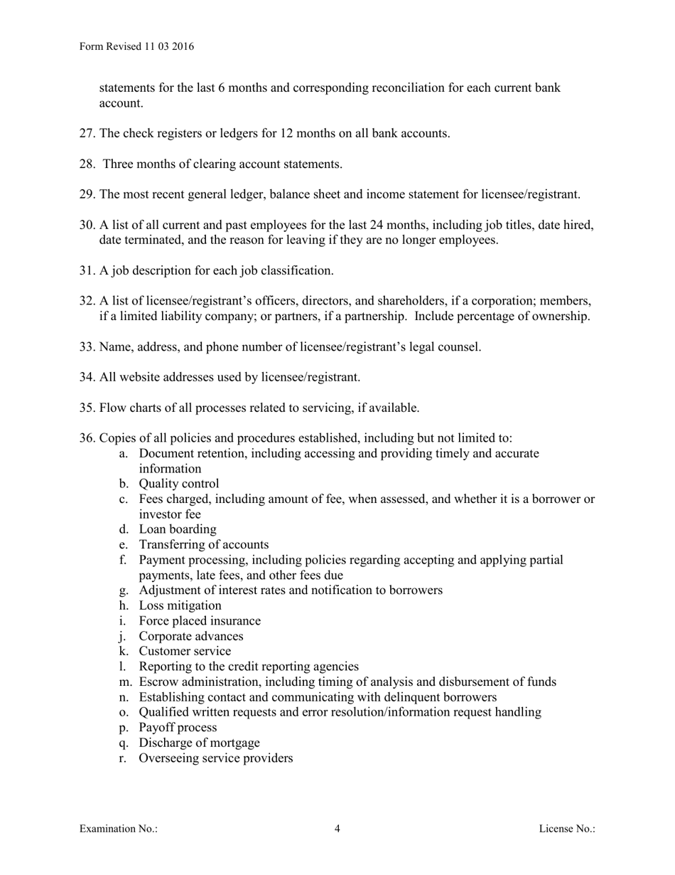 Servicing Only Officer / Manager Questionnaire - Michigan, Page 4