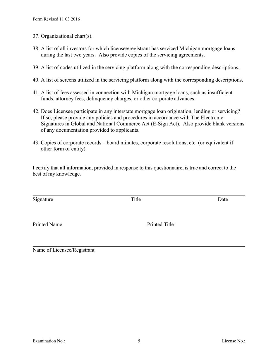 Servicing Only Officer / Manager Questionnaire - Michigan, Page 5
