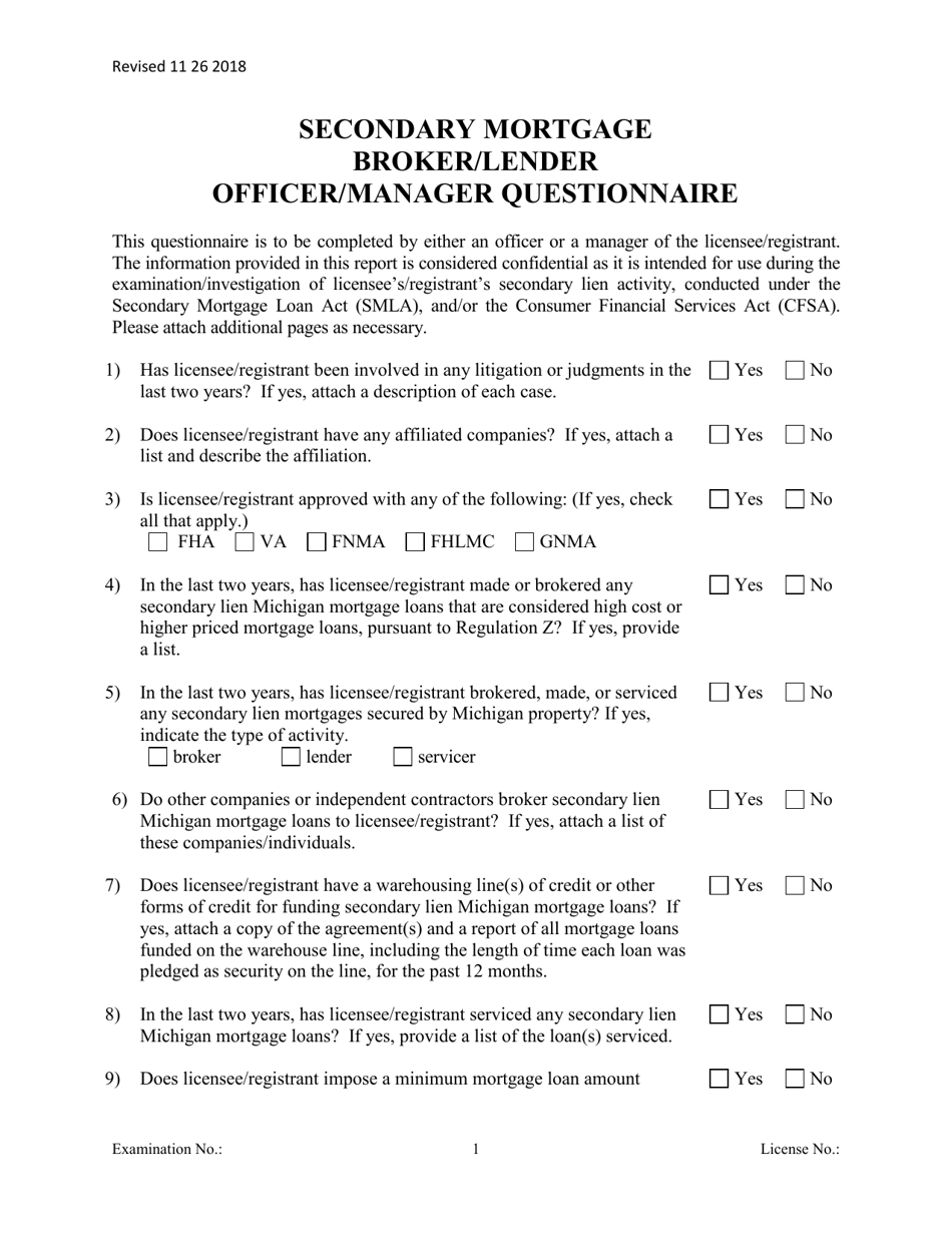 Secondary Mortgage Broker / Lender Officer / Manager Questionnaire - Michigan, Page 1