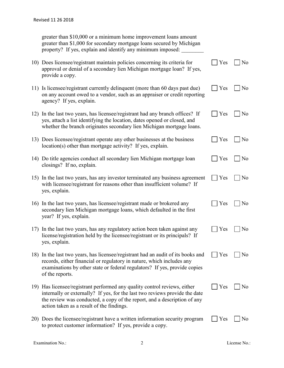 Secondary Mortgage Broker / Lender Officer / Manager Questionnaire - Michigan, Page 2