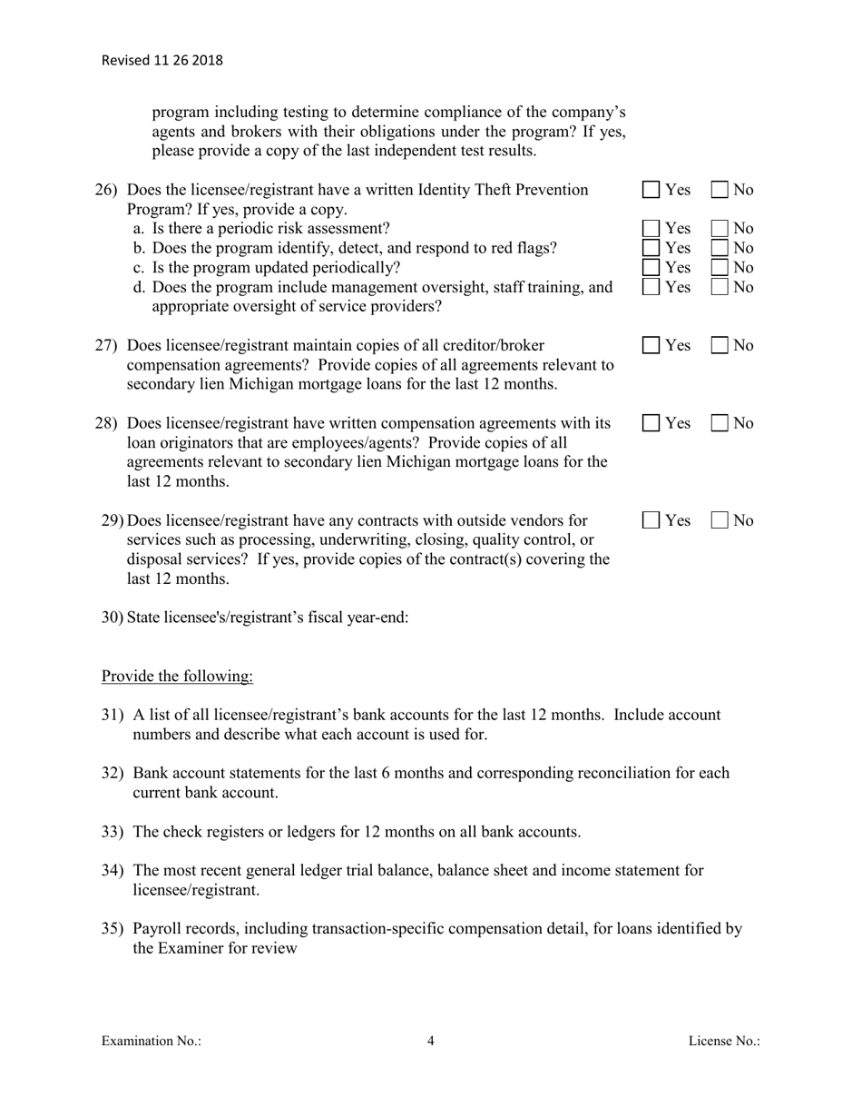 Secondary Mortgage Broker / Lender Officer / Manager Questionnaire - Michigan, Page 4