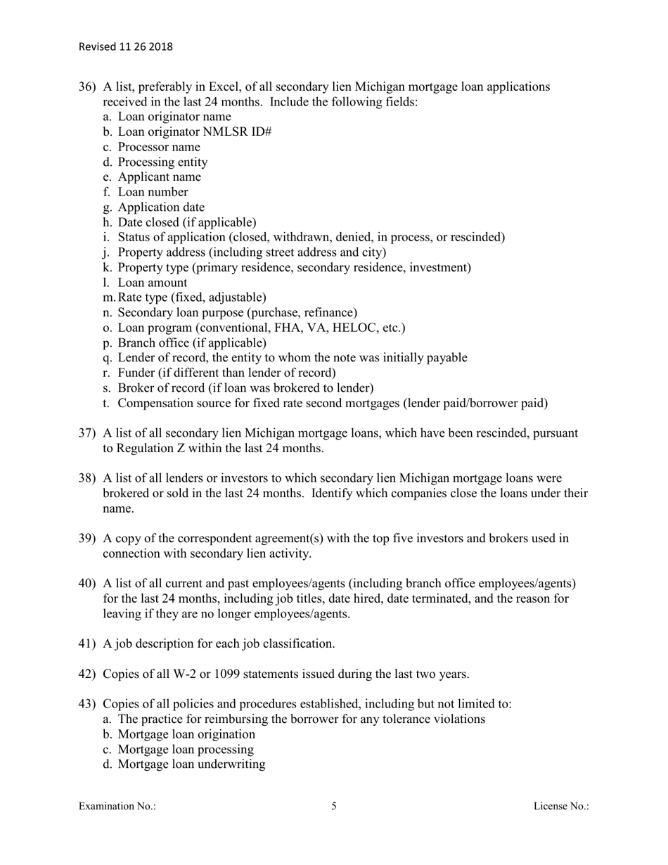 Secondary Mortgage Broker / Lender Officer / Manager Questionnaire - Michigan, Page 5