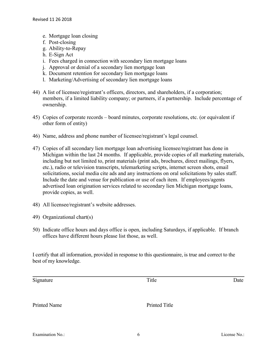 Secondary Mortgage Broker / Lender Officer / Manager Questionnaire - Michigan, Page 6