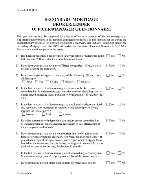 Secondary Mortgage Broker / Lender Officer / Manager Questionnaire - Michigan Download Pdf