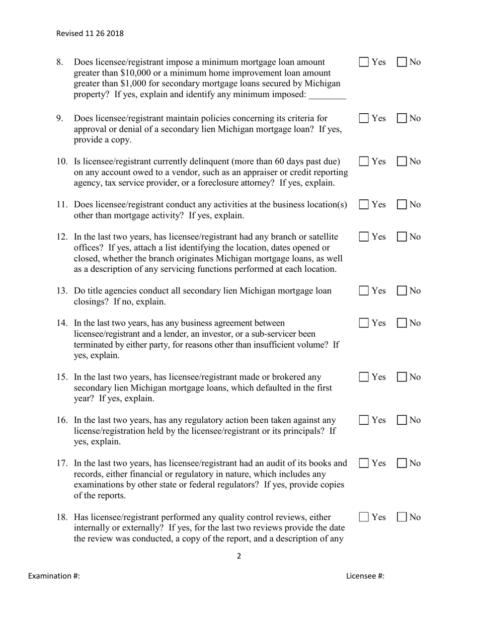 Secondary Mortgage Broker / Lender / Servicer Officer / Manager Questionnaire - Michigan, Page 2