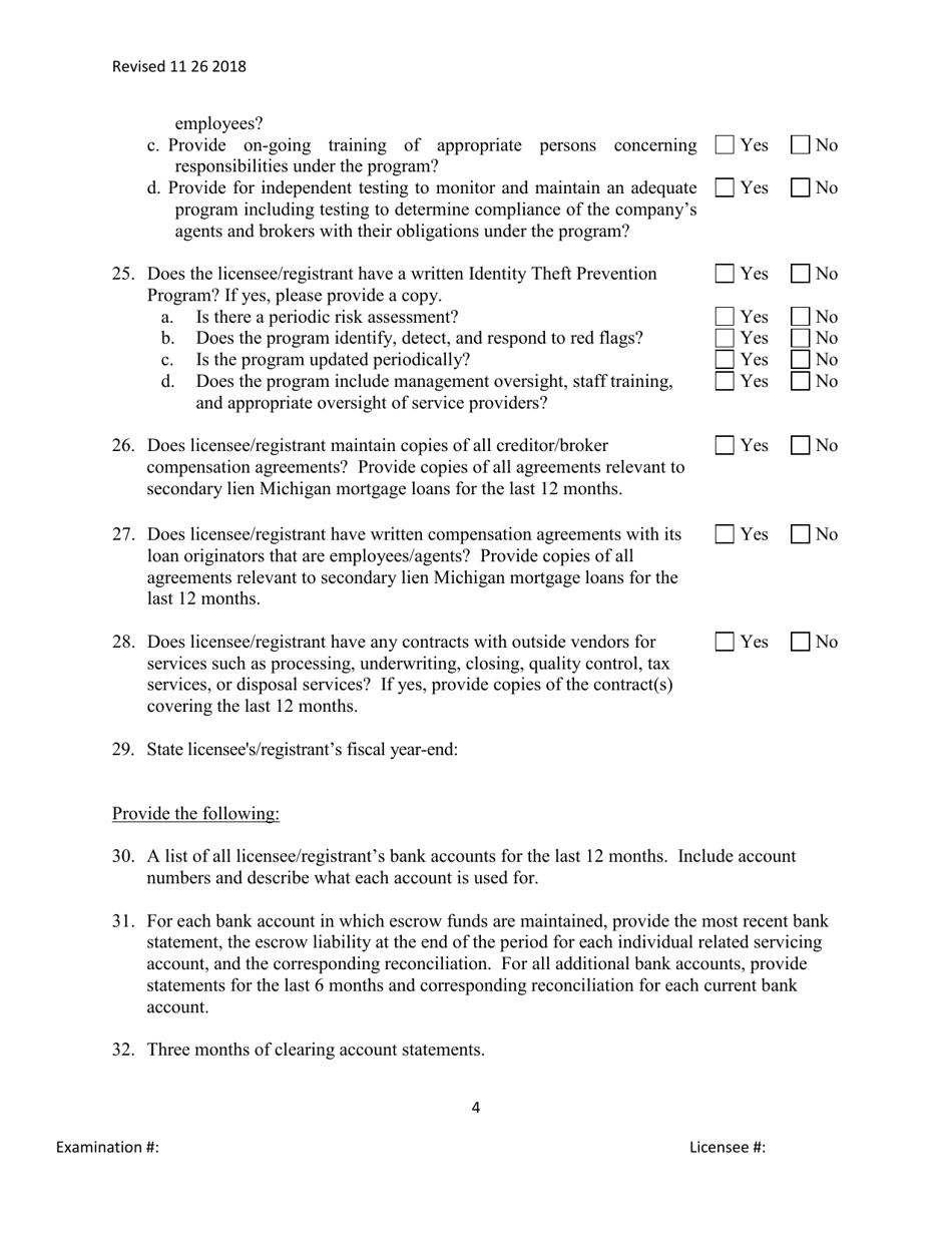 Secondary Mortgage Broker / Lender / Servicer Officer / Manager Questionnaire - Michigan, Page 4