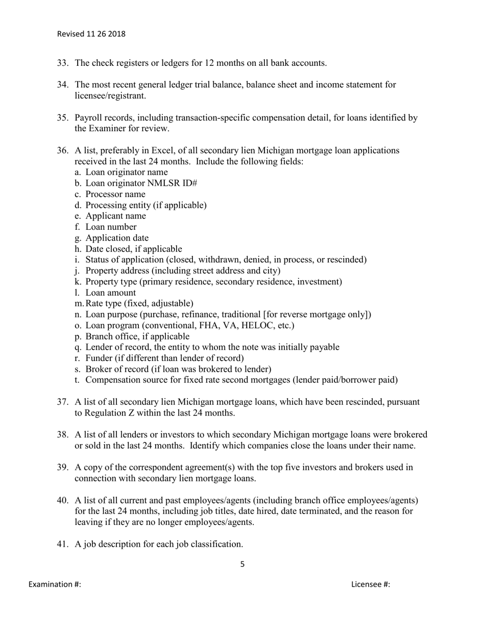 Secondary Mortgage Broker / Lender / Servicer Officer / Manager Questionnaire - Michigan, Page 5