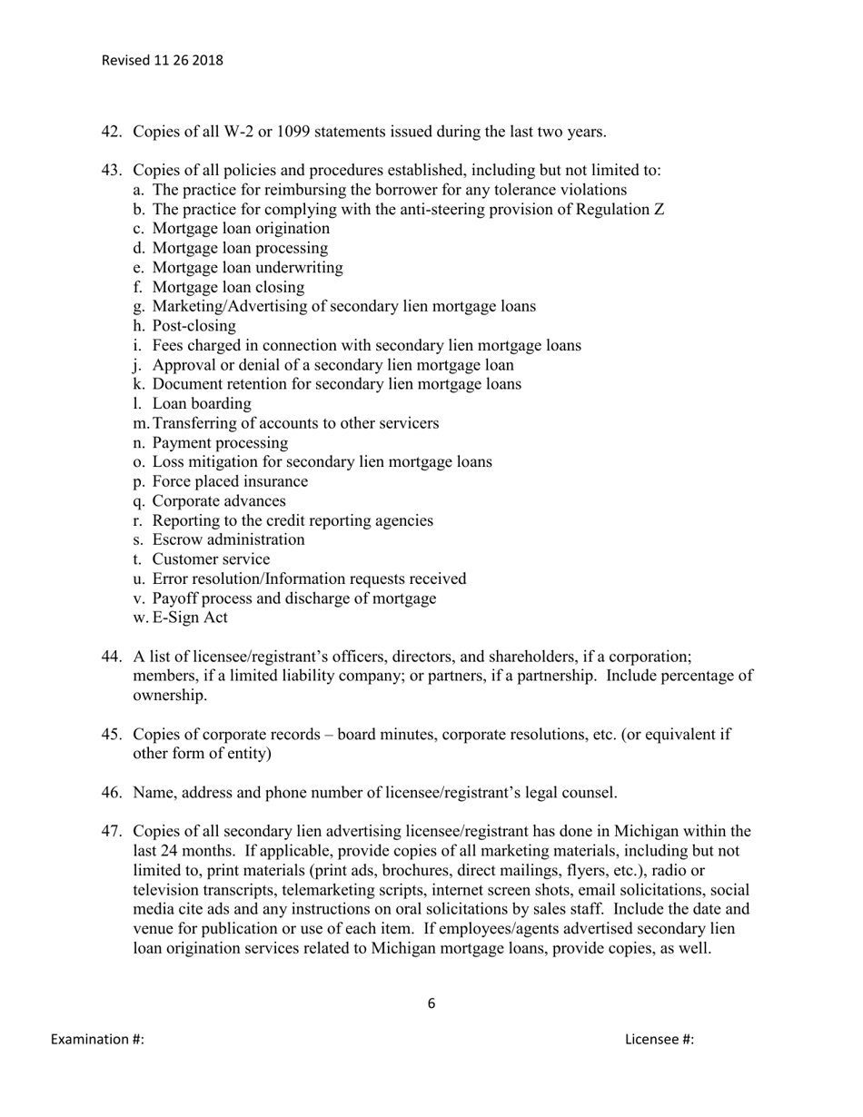 Secondary Mortgage Broker / Lender / Servicer Officer / Manager Questionnaire - Michigan, Page 6