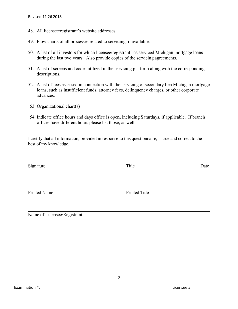 Secondary Mortgage Broker / Lender / Servicer Officer / Manager Questionnaire - Michigan, Page 7