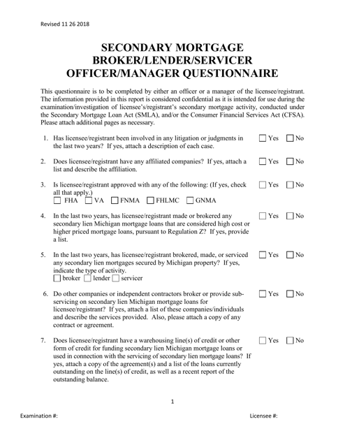 Secondary Mortgage Broker / Lender / Servicer Officer / Manager Questionnaire - Michigan Download Pdf