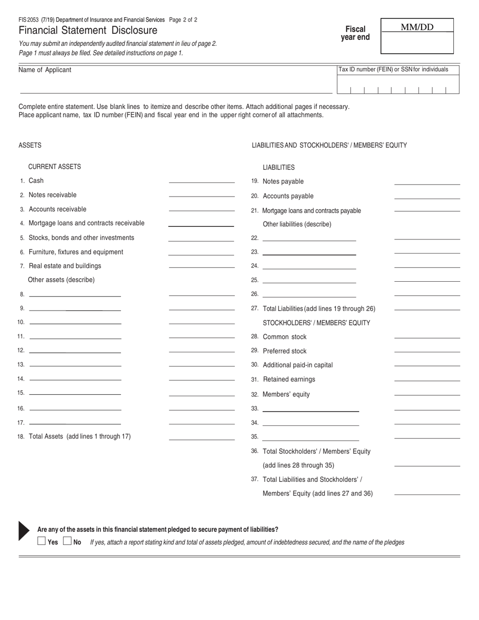 Form FIS2053 Financial Statement Disclosure - Michigan, Page 2