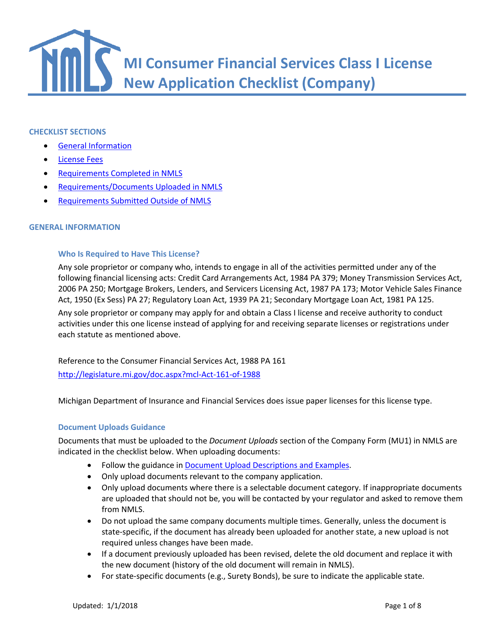 Mi Consumer Financial Services Class I License New Application Checklist (Company) - Michigan Download Pdf