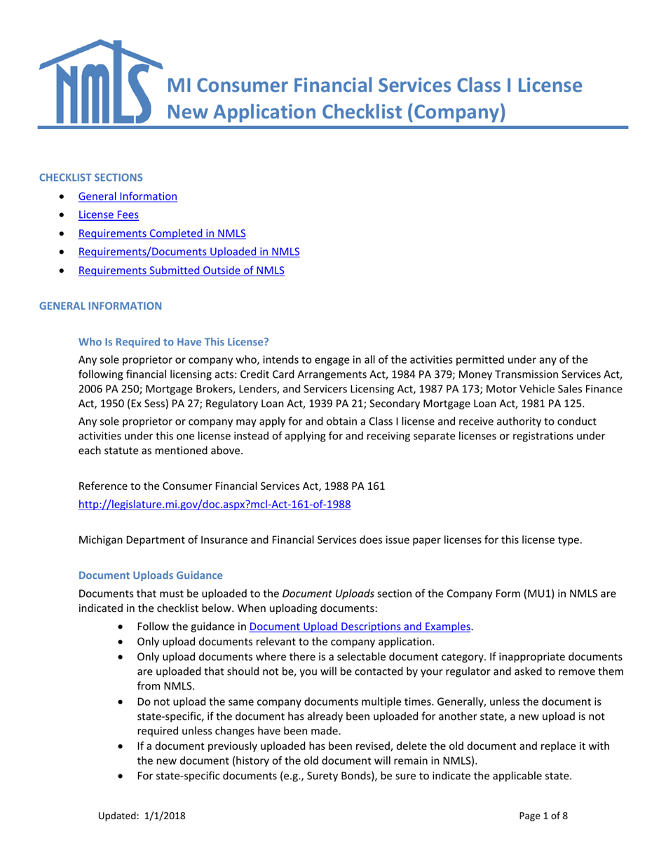Mi Consumer Financial Services Class I License New Application Checklist (Company) - Michigan, Page 1