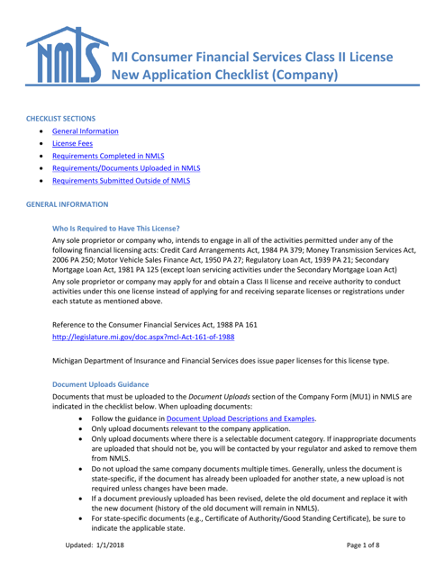 Mi Consumer Financial Services Class II License New Application Checklist (Company) - Michigan Download Pdf