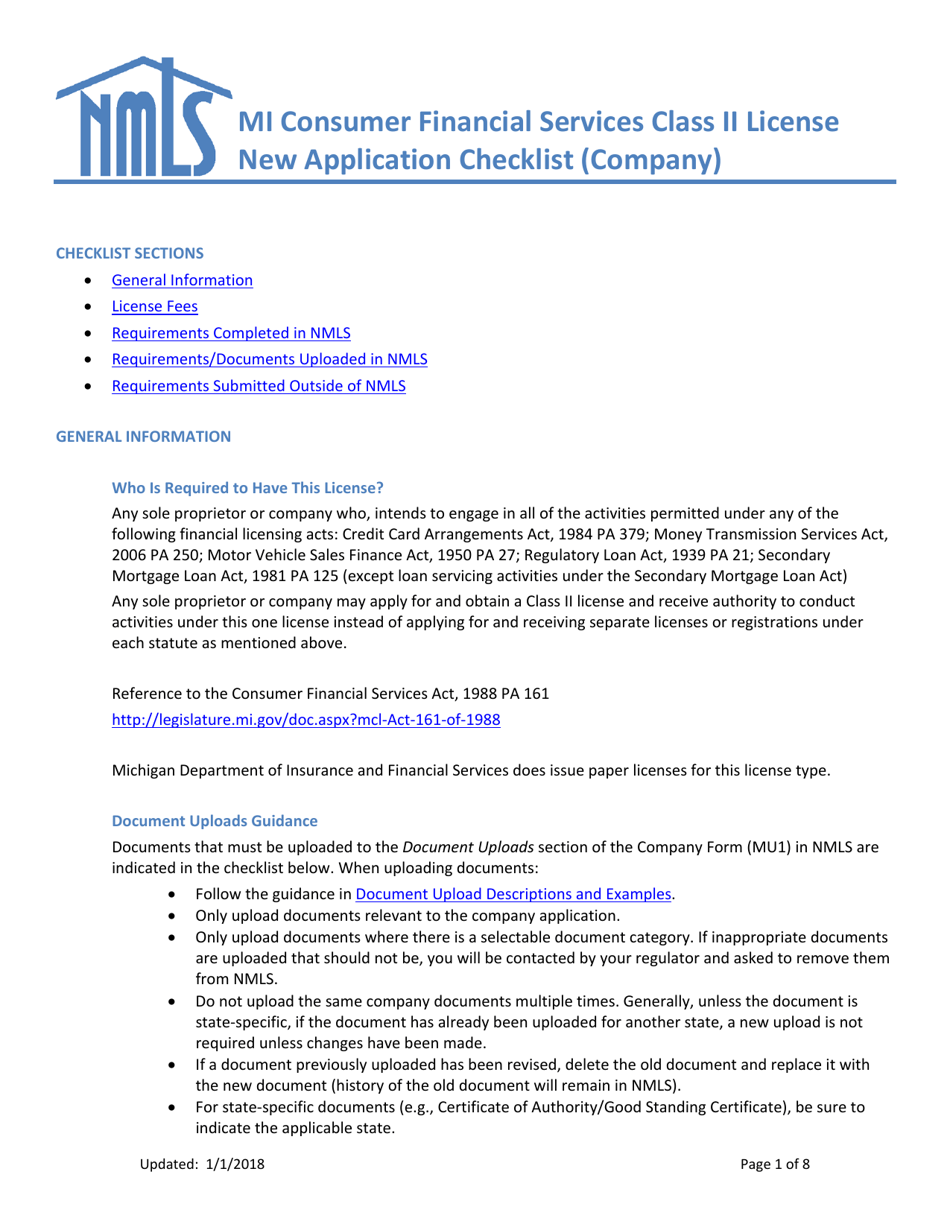 Mi Consumer Financial Services Class II License New Application Checklist (Company) - Michigan, Page 1