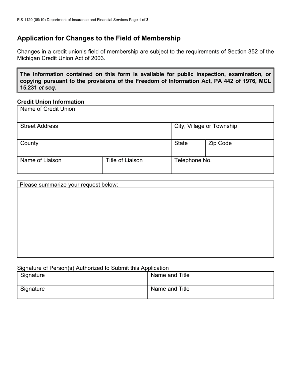 Form FIS1120 Application for Changes to the Field of Membership - Michigan, Page 1
