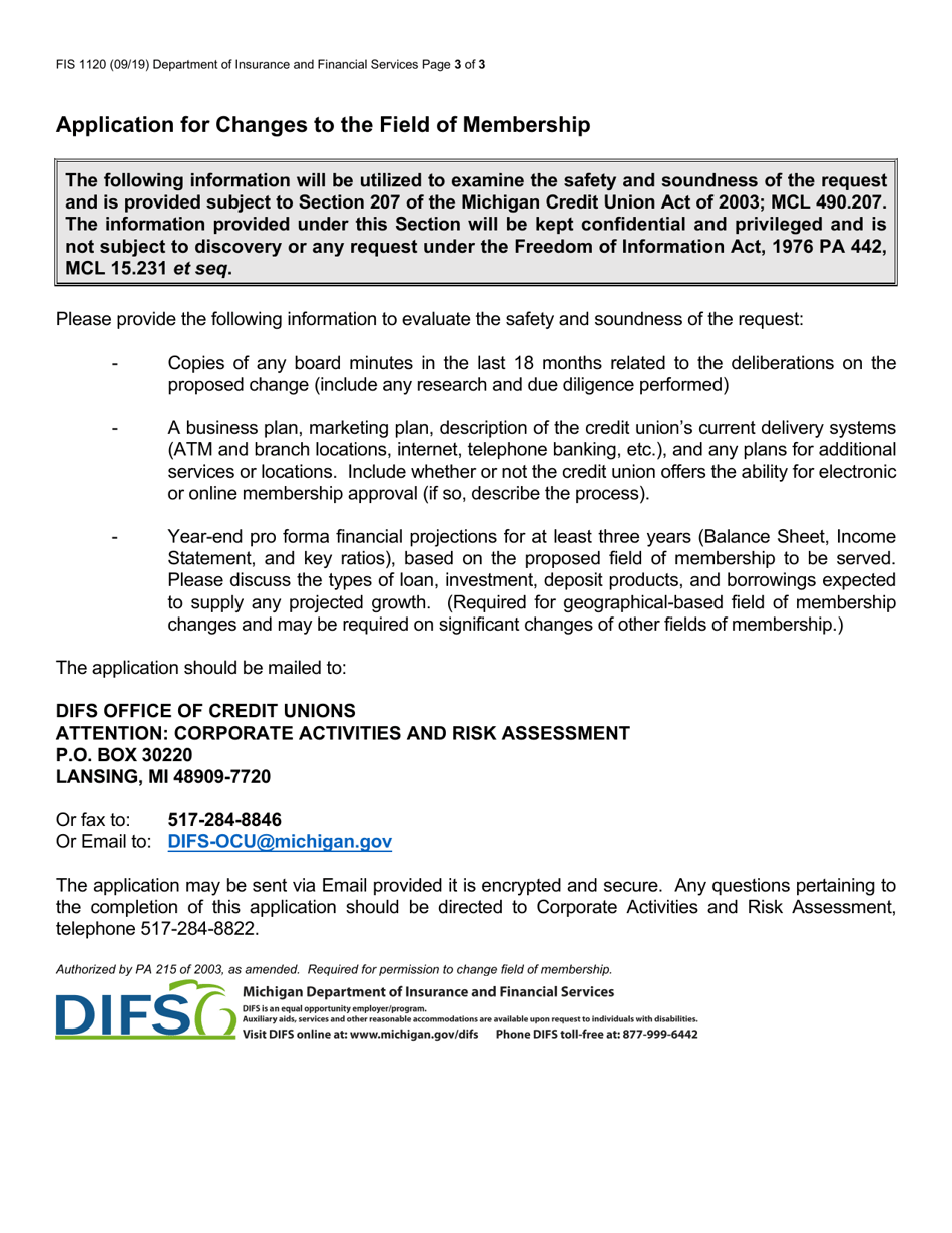 Form FIS1120 Application for Changes to the Field of Membership - Michigan, Page 3