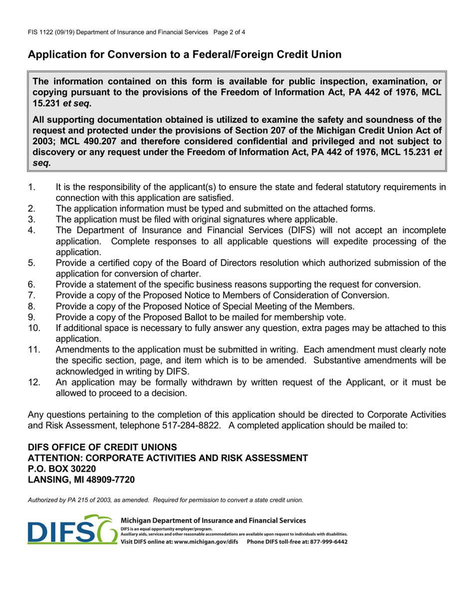 Form FIS1122 Application for Conversion of Charter to a Federal / Foreign Credit Union - Michigan, Page 2