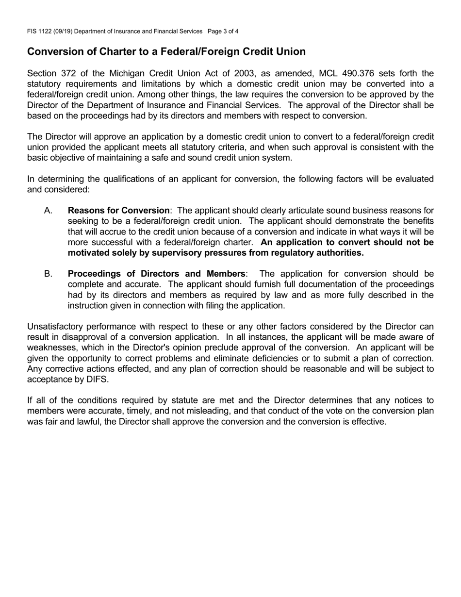 Form FIS1122 Application for Conversion of Charter to a Federal / Foreign Credit Union - Michigan, Page 3