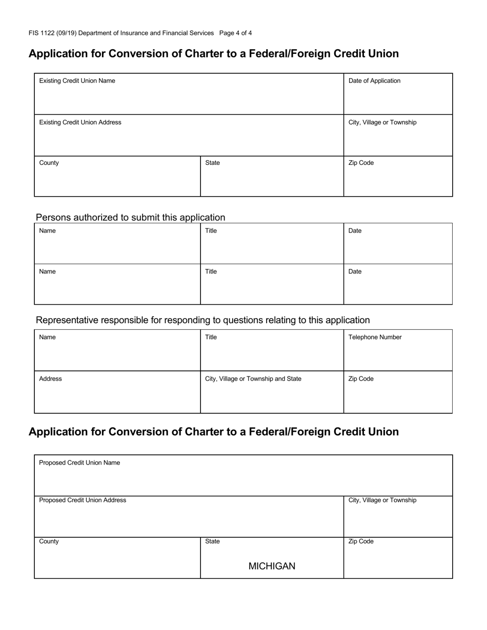 Form FIS1122 Application for Conversion of Charter to a Federal / Foreign Credit Union - Michigan, Page 4