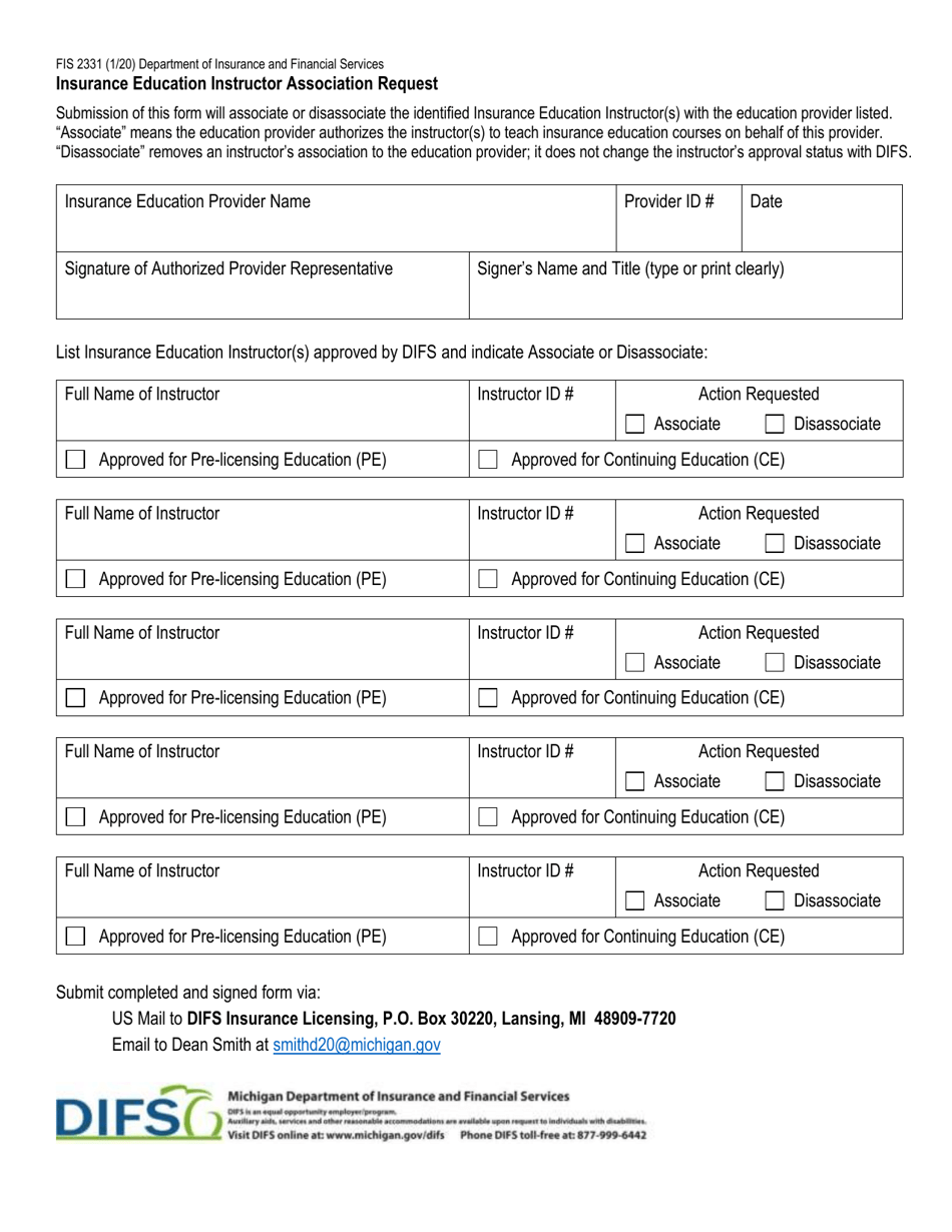 Form FIS2331 Insurance Education Instructor Association Request - Michigan, Page 1
