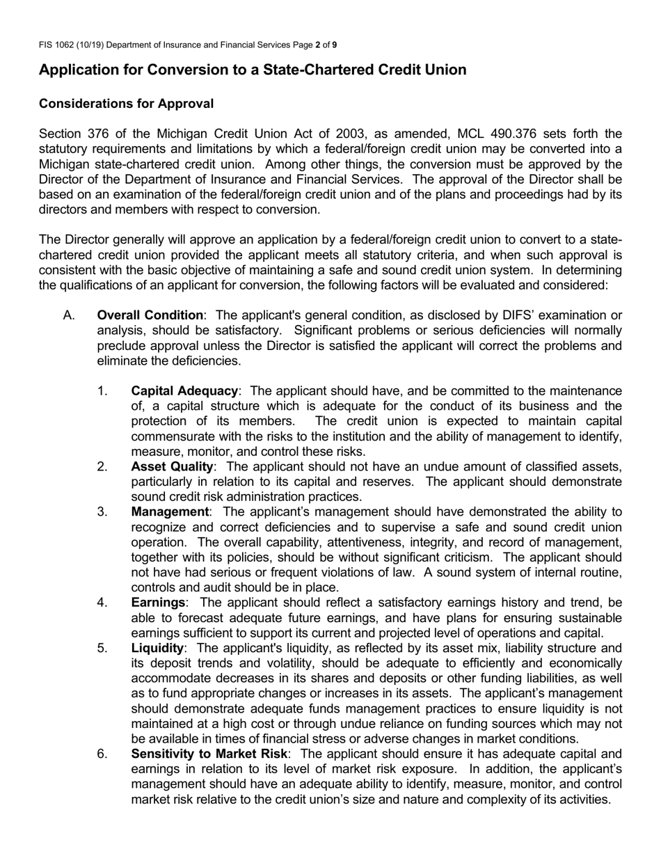 Form FIS1062 Application for Conversion to a State-Chartered Credit Union - Michigan, Page 2