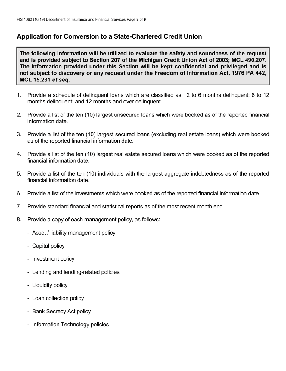 Form FIS1062 Application for Conversion to a State-Chartered Credit Union - Michigan, Page 8