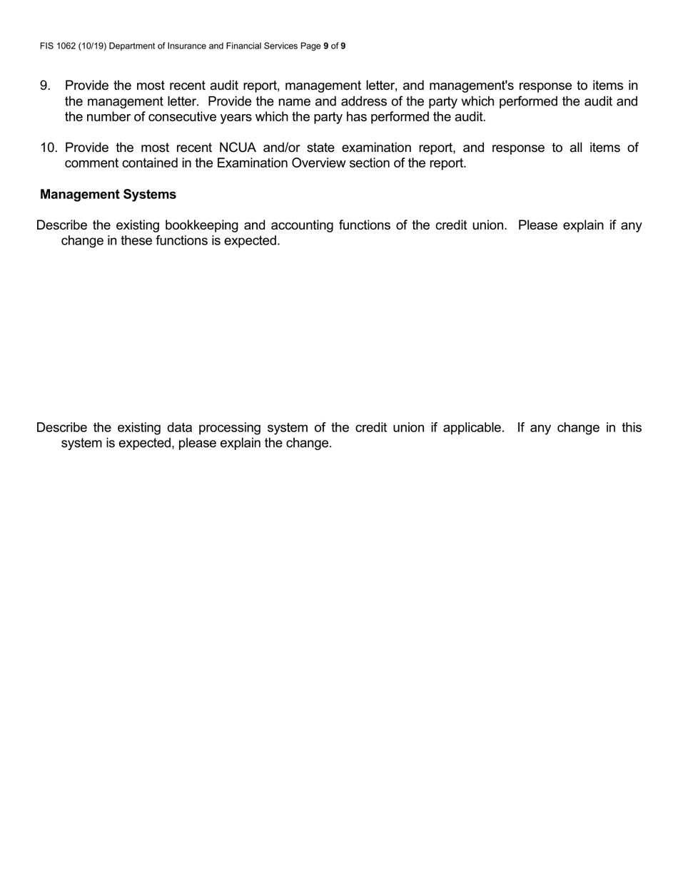 Form FIS1062 Application for Conversion to a State-Chartered Credit Union - Michigan, Page 9