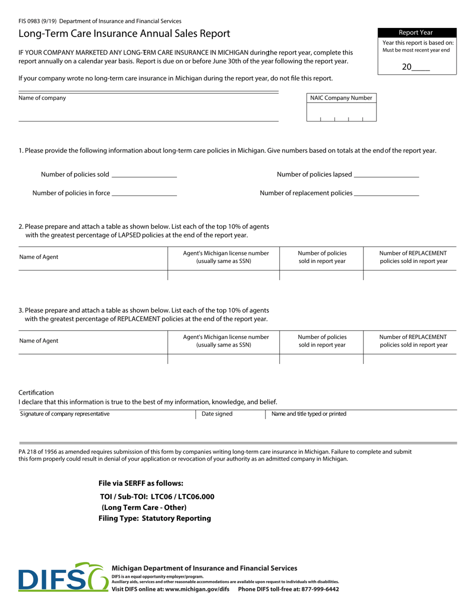 Form FIS0983 Long-Term Care Insurance Annual Sales Report - Michigan, Page 1