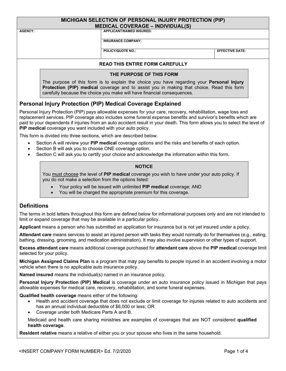 Michigan Selection of Personal Injury Protection (Pip) Medical Coverage - Individual(S) - Michigan, Page 1