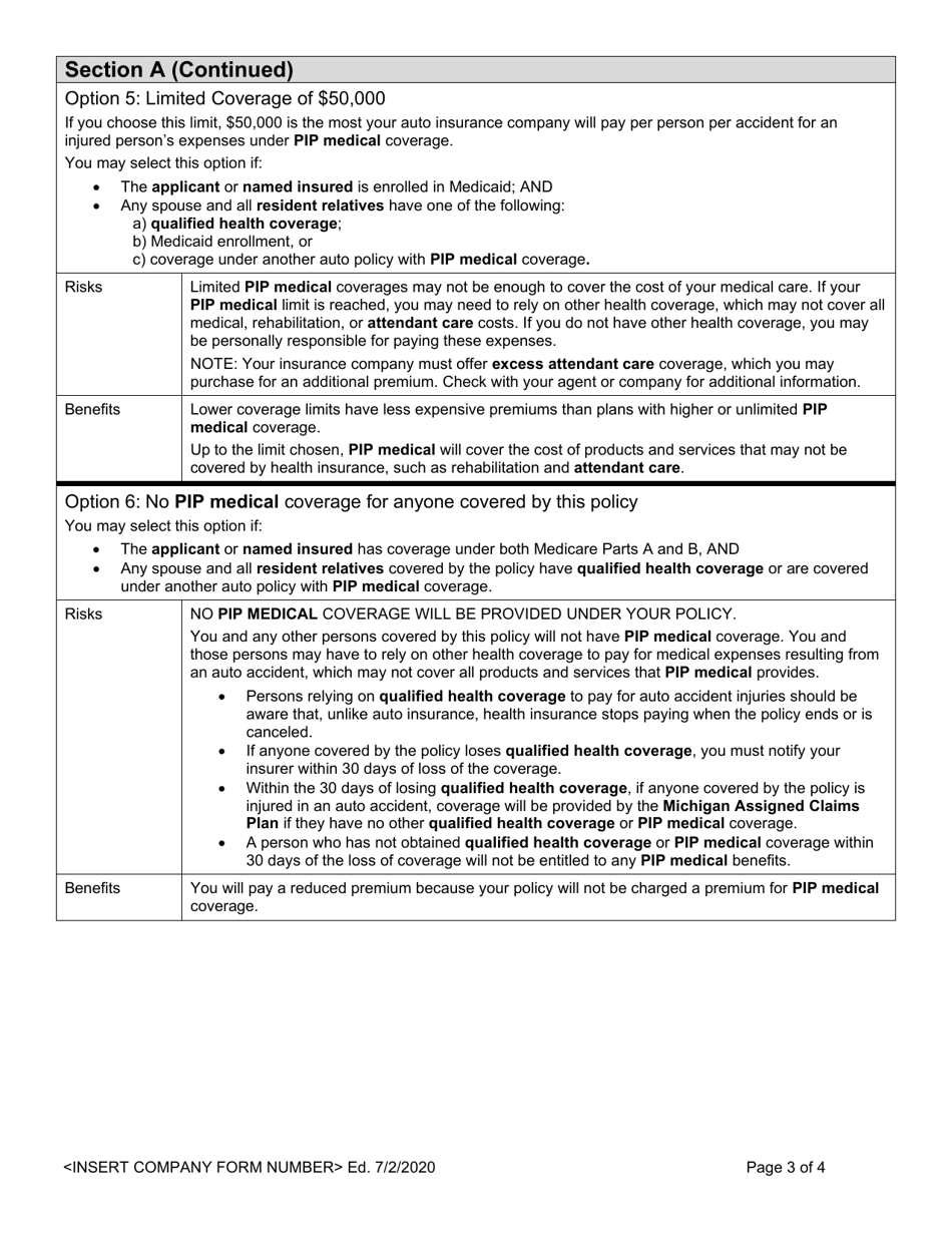 Michigan Michigan Selection of Personal Injury Protection (Pip) Medical